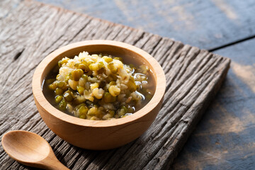 Green Beans in Syrup ,Thai Dessert on wooden table