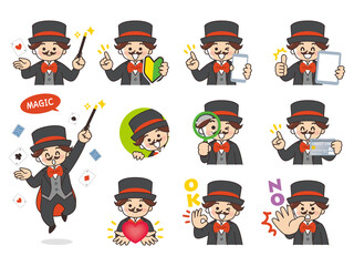 マジシャンの男性　バリエーション　初心者マーク　スマートフォン　タブレット　虫眼鏡　クレジットカード　ハート　OK　NO