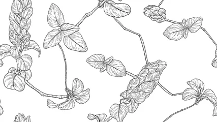 Stoff pro Meter Floral seamless pattern, vintage leaves and flowers line art ink drawing in black and white © momosama
