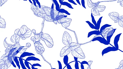 Fotobehang Floral seamless pattern, vintage leaves and flowers line art ink drawing in blue on white © momosama