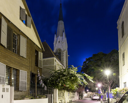 View at night on the Bar Hoffman Street in the American Colony in Yafo.