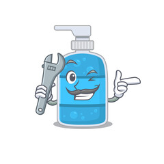 A caricature picture of hand wash gel working as a mechanic