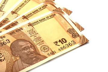 New Indian currency of 10 rupee note on white isolated background, Indian Currency, Rupee, Indian Rupee,Indian Money
