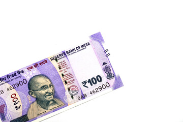 New Indian currency of 100 rupee note on white isolated background, Indian Currency, Rupee, Indian Rupee,Indian Money