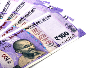 New Indian currency of 100 rupee note on white isolated background, Indian Currency, Rupee, Indian Rupee,Indian Money