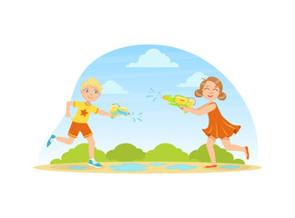 Cute Happy Boy and Girl Playing with Water Guns Outdoors Vector Illustration
