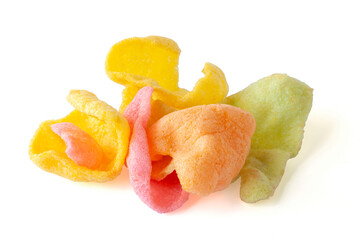 Colorful crunchy prawn crackers or krupuk isolated on white background included clipping path.