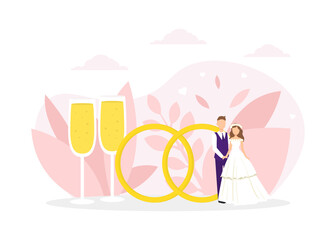 Just Married Couple Standing Next Huge Wedding Rings and Two Glasses of Champagne Flat Vector Illustration