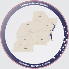 Round button with detailed map of Barbour county in Alabama, USA.
