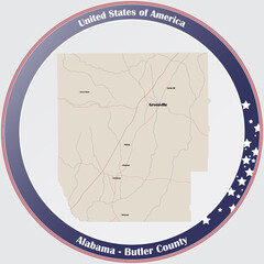 Round button with detailed map of Butler county in Alabama, USA.