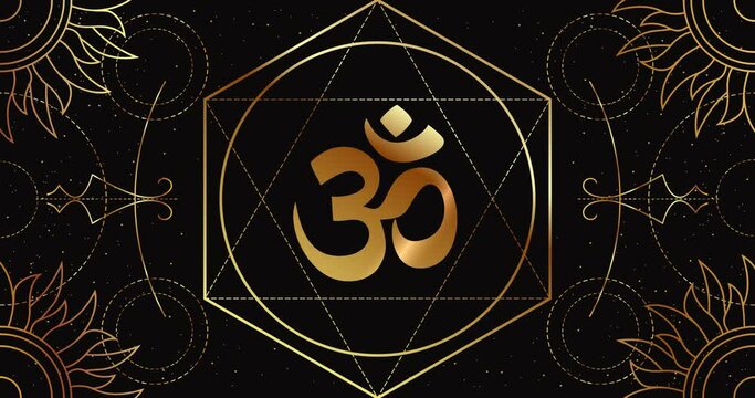 Om or Aum is a symbol of the sacred Hindu sound, the mother of all mantras. The sign rotates on a black background with a geometric golden pattern. Animation loop.