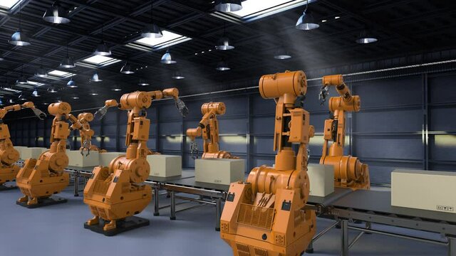 3d rendering robotic arm in factory 4k animation