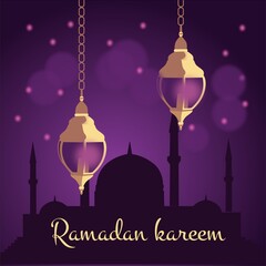 Ramadan Mubarak background, mosque with lamps and ornaments
