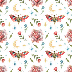 Seamless watercolor pattern with illustration of roses, butterflies, flowers, stars, months and leaves. In the style of accultism.