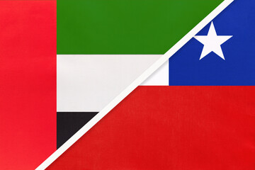 United Arab Emirates and Chile, symbol of national flags from textile. Championship between two countries.