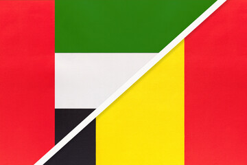 United Arab Emirates or UAE and Belgium, symbol of national flags from textile. Championship between two countries.