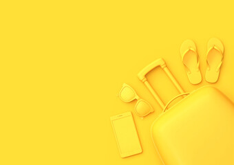 Travel minimal concept. Yellow suitcase, sunglasses, smartphone and flip flops isolated on yellow background