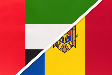 United Arab Emirates or UAE and Moldova, symbol of national flags from textile. Championship between two countries.