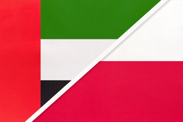 United Arab Emirates or UAE and Poland, symbol of national flags from textile. Championship between two countries.