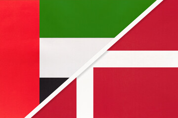 United Arab Emirates or UAE and Denmark, symbol of national flags from textile. Championship between two countries.