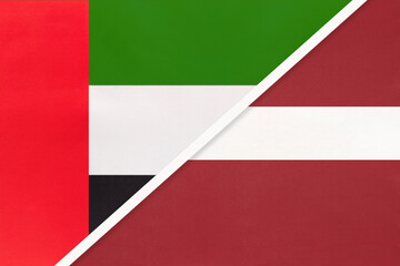 United Arab Emirates or UAE and Latvia, symbol of national flags from textile. Championship between two countries.