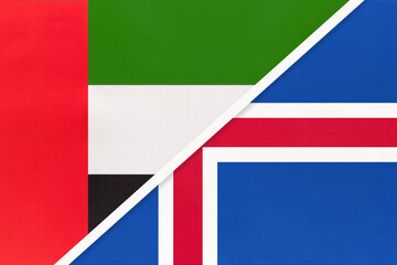 United Arab Emirates or UAE and Iceland, symbol of national flags from textile. Championship between two countries.