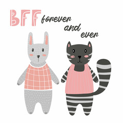 BBF forever and ever cat and bunny lettering. Cartoon kid animals nursery or baby shower print, vector hand drawn illustration