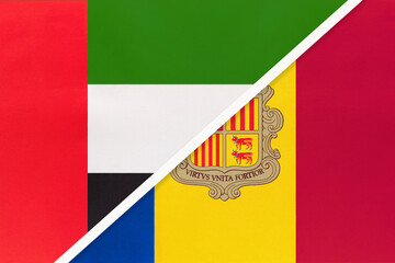 United Arab Emirates or UAE and Andorra, symbol of national flags from textile. Championship between two countries.