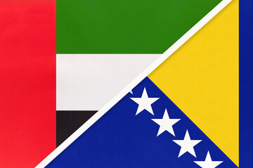 United Arab Emirates or UAE and Bosnia and Herzegovina, symbol of national flags. Championship between countries.