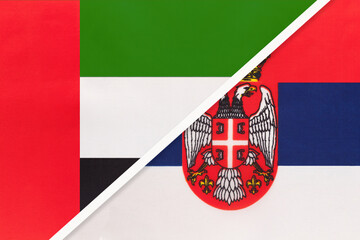 United Arab Emirates or UAE and Serbia, symbol of national flags from textile. Championship between two countries.
