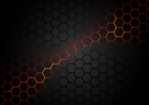 Black Hexagonal Pattern on Red Magma Background - Abstract Illustration with Glowing Effects, Vector © Roman Dekan