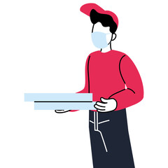 Delivery man with mask and pizza box vector design