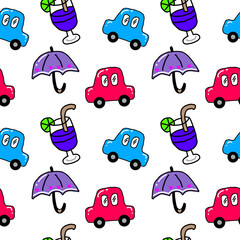 Colorful cartoons cars, umbrella, drinks seamless repeat pattern background.  Illustrators drawing 