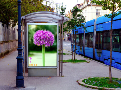 Bus Shelter Side View. Poster And Advertising Billboard Sign. Mock-up Background Composite Raster Image. Business Ad Place Holder. Bust Stop. 