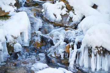 Icy waterfall on a mountain river.