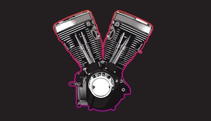 A vector illustration for motorcycle engine on a dark  background.