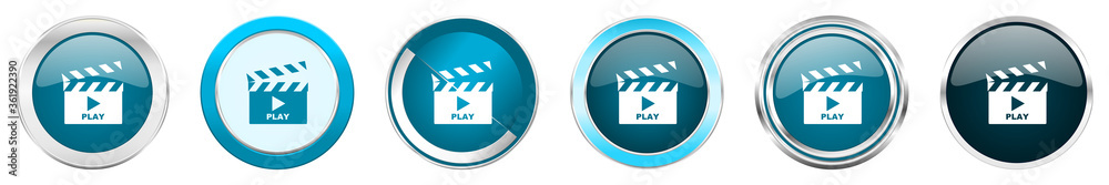 Poster video silver metallic chrome border icons in 6 options, set of web blue round buttons isolated on wh