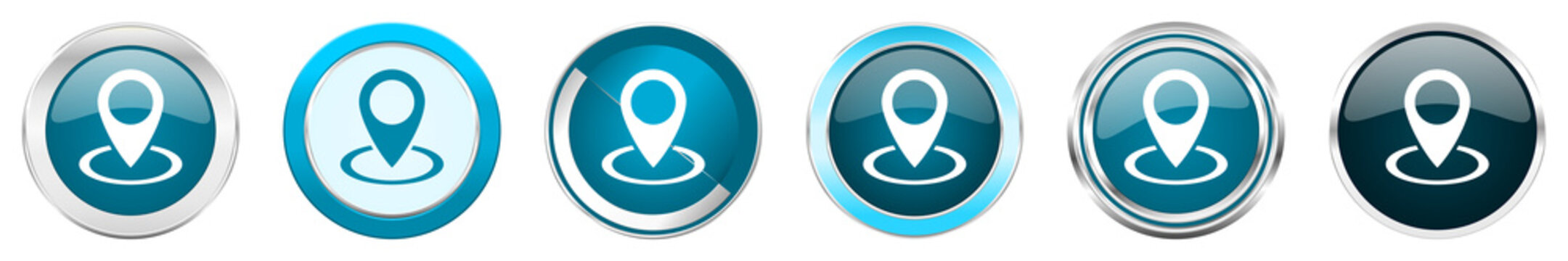 Pointer silver metallic chrome border icons in 6 options, set of web blue round buttons isolated on white background