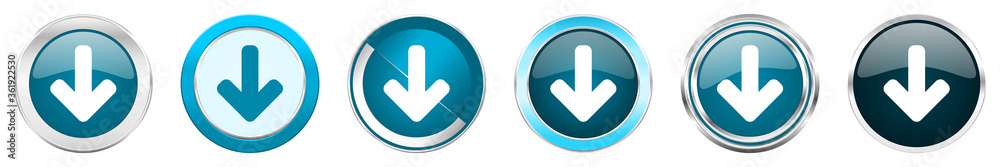Aufkleber download arrow silver metallic chrome border icons in 6 options, set of web blue round buttons isola