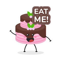 Cute flat cartoon birthday cake illustration. Vector illustration of cute birthday cake with a smiling expression. Cute cake mascot design