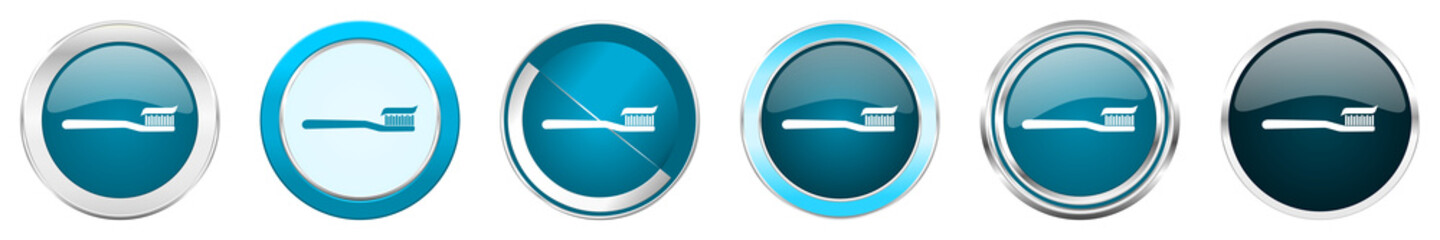 Toothbrush silver metallic chrome border icons in 6 options, set of web blue round buttons isolated on white background