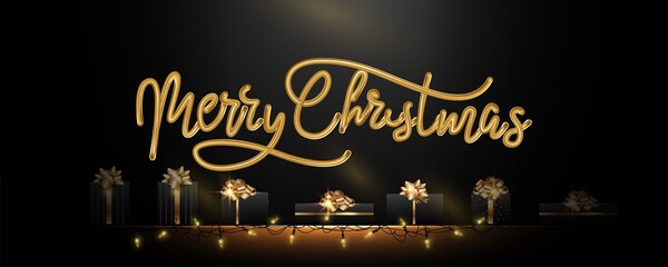 Christmas elegant banner. Background Christmas design of sparkling lights garlands, realistic gift box, glitter gold. Calligraphy lettering, greeting cards, headlines, website. Stylish black pattern