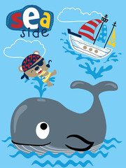 cartoon of big whale playing in the sea with funny pirate and sailboat