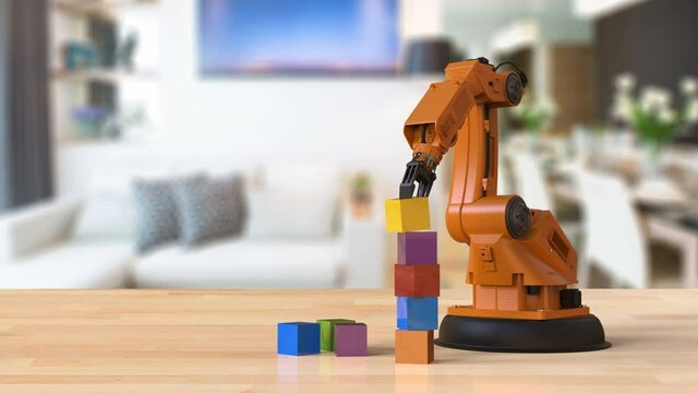 3d rendering robotic arm arrange toy blocks in house 4k animation