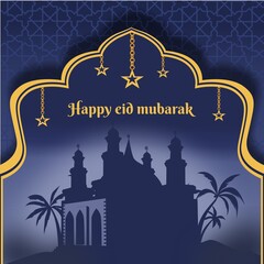 Eid al fitr background with hand drawn mosque of muslim people and islamic ramadan ornament