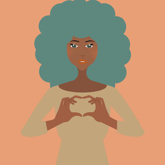 
african, american woman, beautiful eyes, forms a heart with her fingers, women's days, the power of love, background