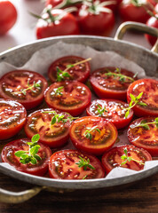 Fresh tomatoes in pan ready to dry or roasted