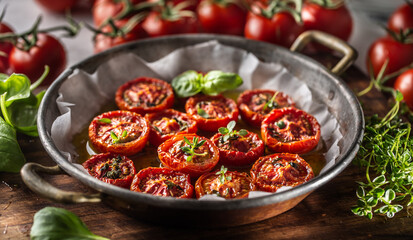 Roasted tomatoes with olive oil thyme oregano and basil in pan