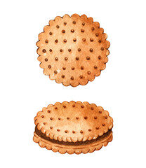 Sandwich cookies with chocolate filling isolated on white background. Watercolor hand-drawn illustration. Perfect for your project, cards, prints, covers, menu, patterns.