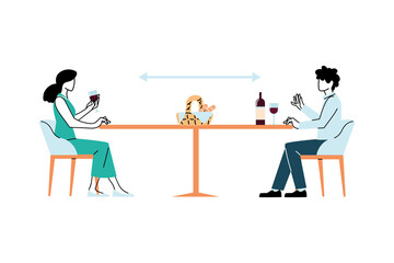 Social distancing between woman and man on restaurant table vector design